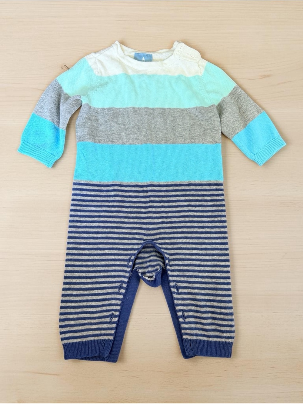 GAP Striped Knit Footie in Aqua, Teal, Gray and Navy 3-6 month sweater onesie